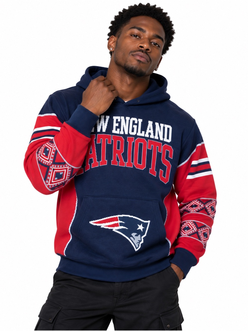 NFL New England Patriots Navy and Red Hooded Knit Sweater